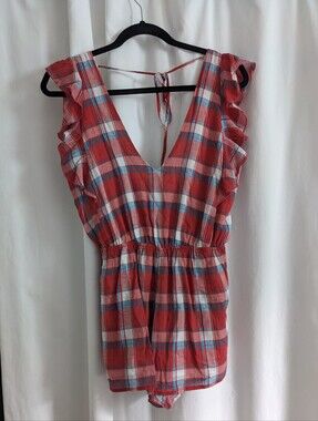 Blue Life Size XS Ruffled Red Checked Cotton Voile Romper Plaid Tartan